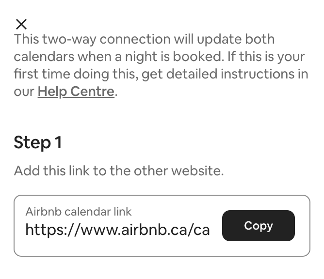 Dialog showing Airbnb calendar link to copy